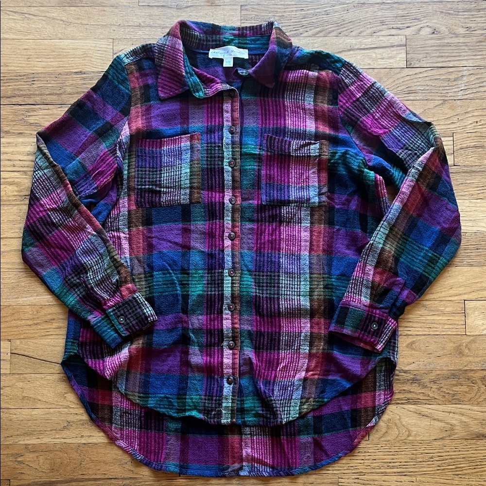 Chelsea & Theodore Teal, Purple and Black Plaid Button-Down Shirt